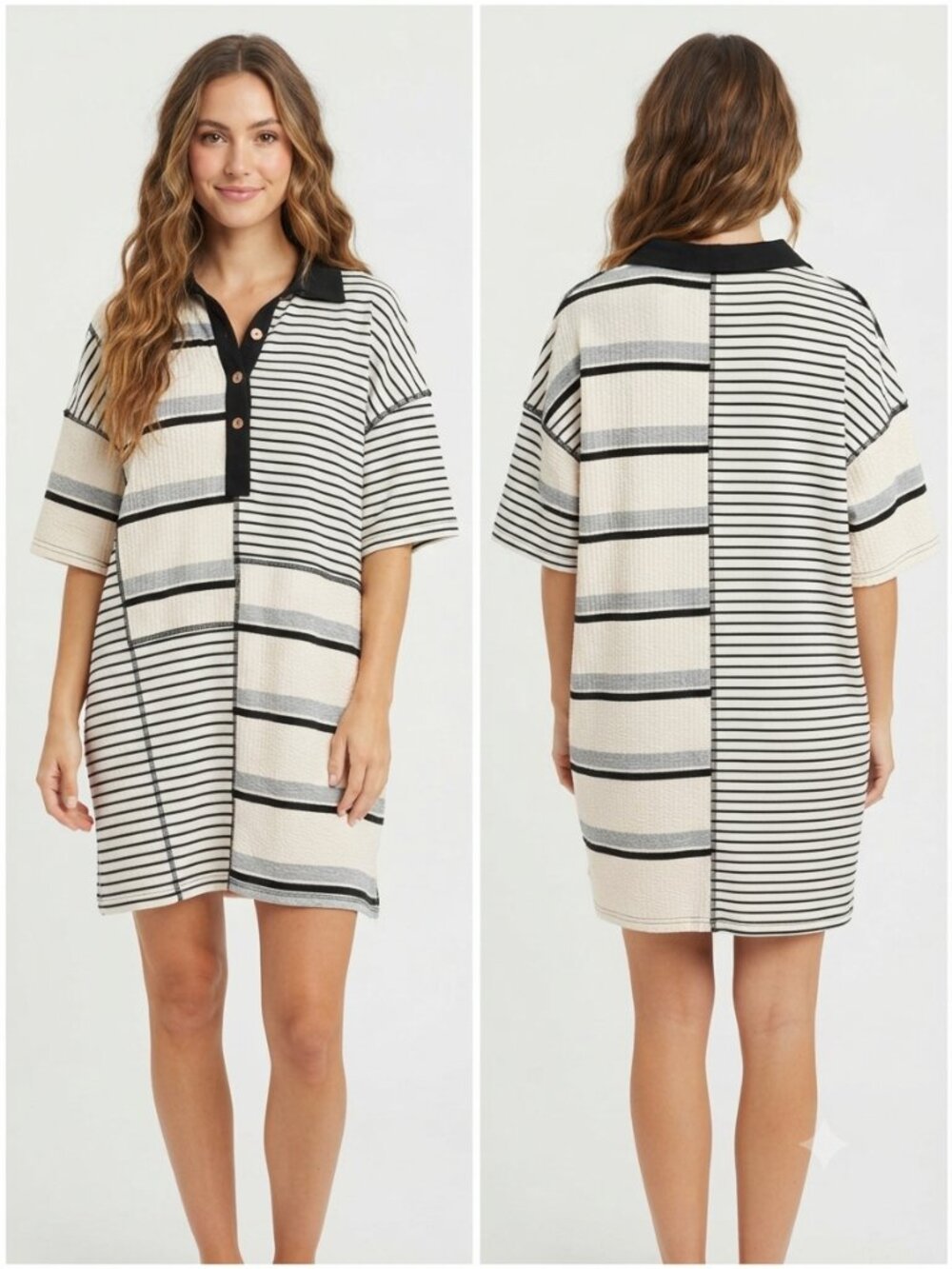 Fantastic Fawn Women's M Striped Polo Shirt Dress Textured Patchwork Black White